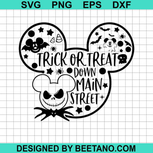 Trick Or Treat Down Main Street SVG, Halloween Jack Skellington SVG, Halloween Disney Head SVG