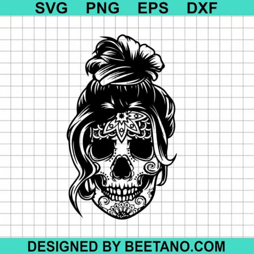 Messy Bun Floral Skull Svg